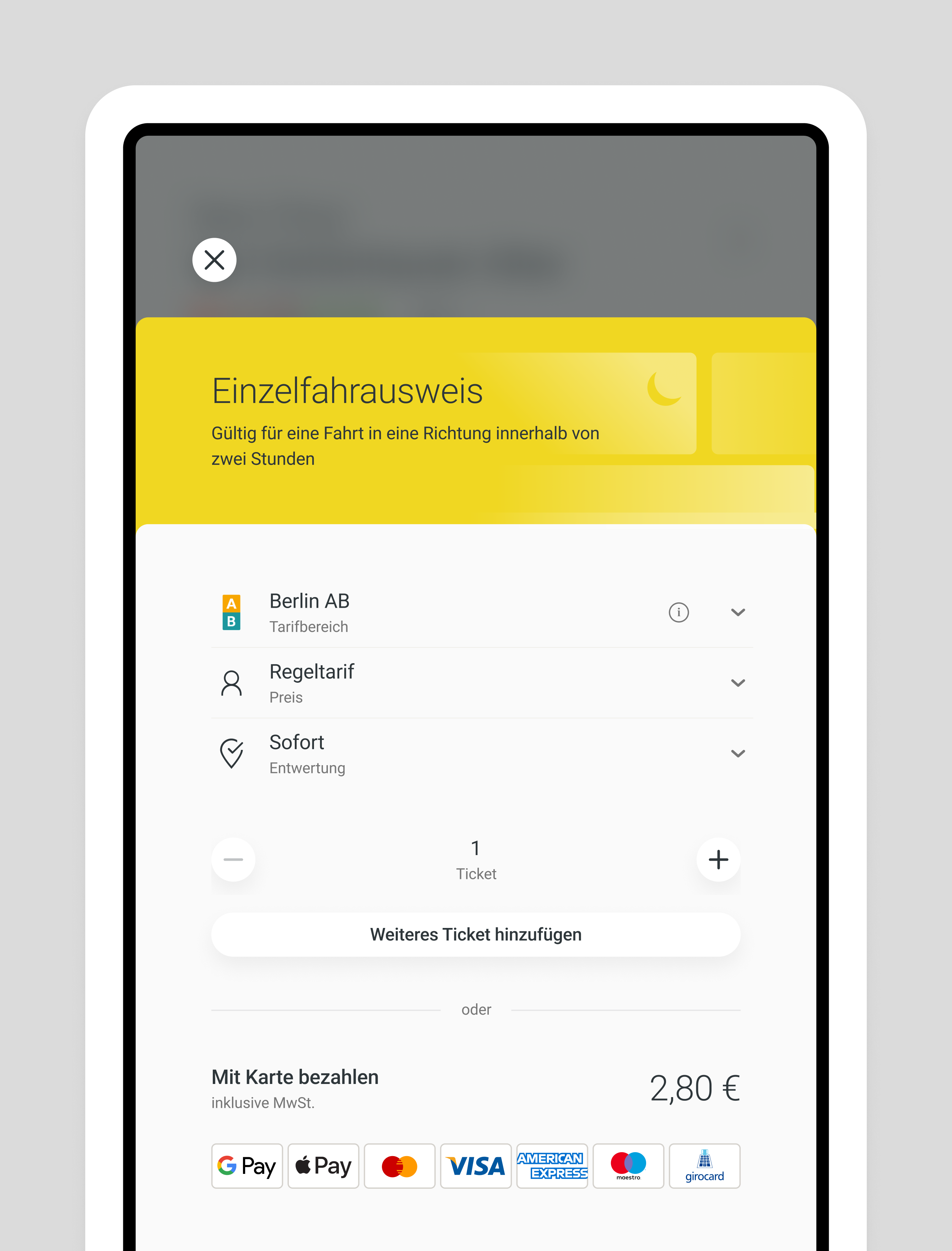 BVG app checkout screen for ticket kiosk, showing a Einzelfahrausweis (single trip ticket), and payment options