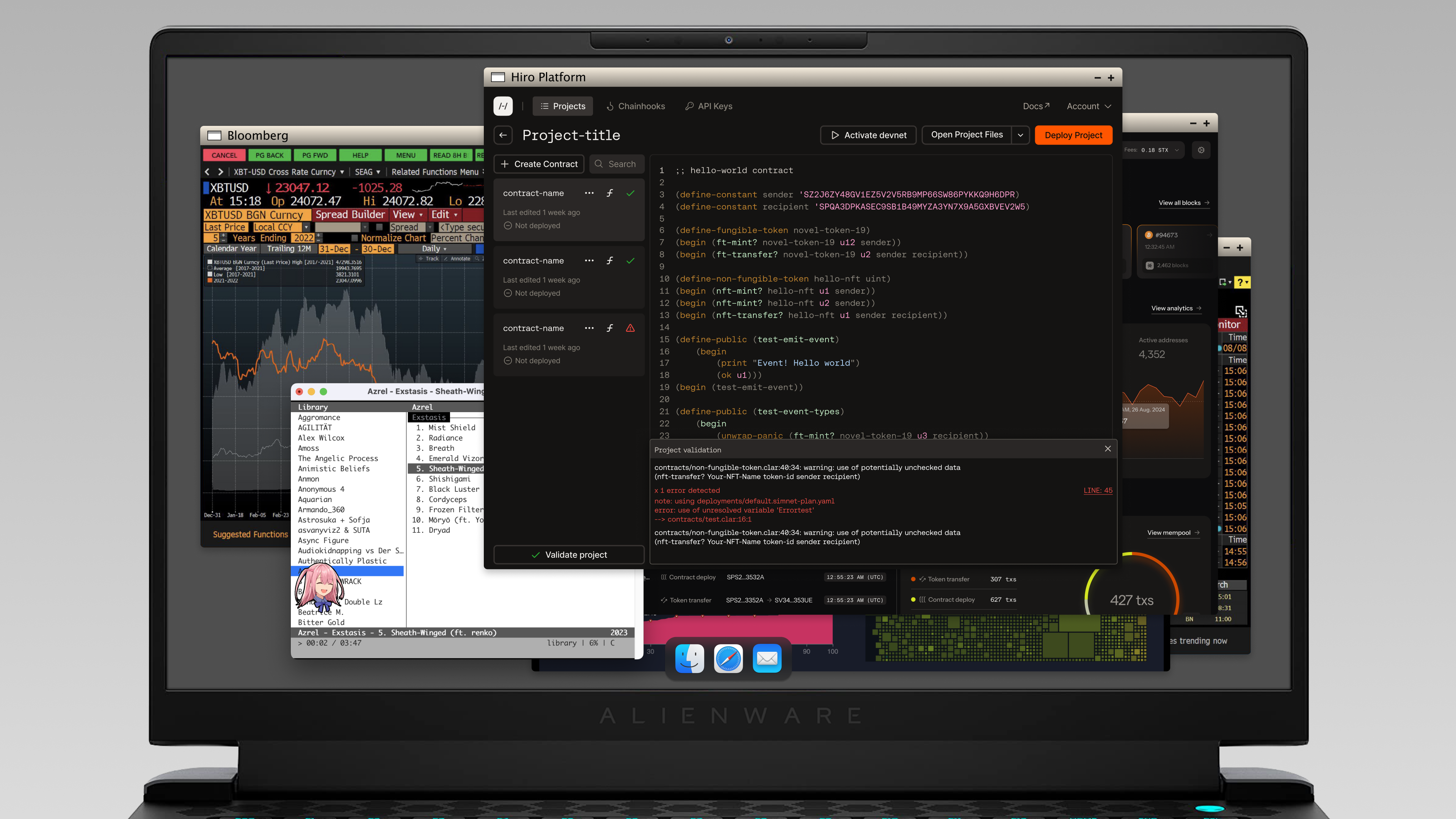 Hiro Platform development environment open on a laptop alongside a Bloomberg terminal and multiple data windows on a dark desktop